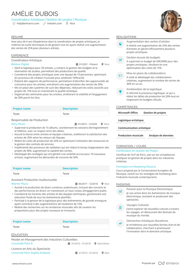 exemple de CV pour Artistique