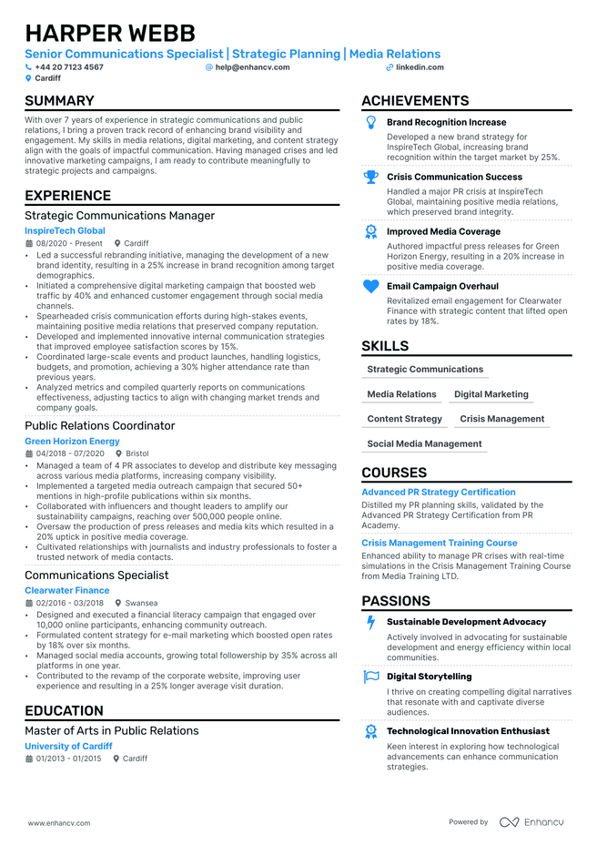 Communications Officer CV example