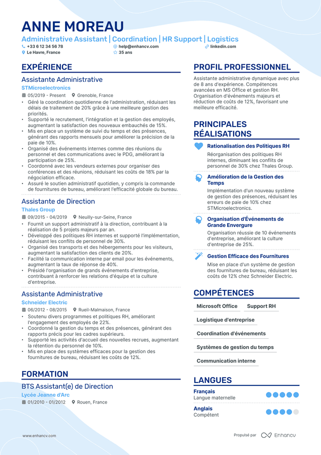 exemple de CV pour Assistant Administratif de Direction