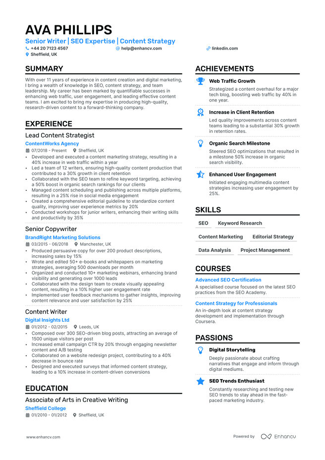 Writer CV example