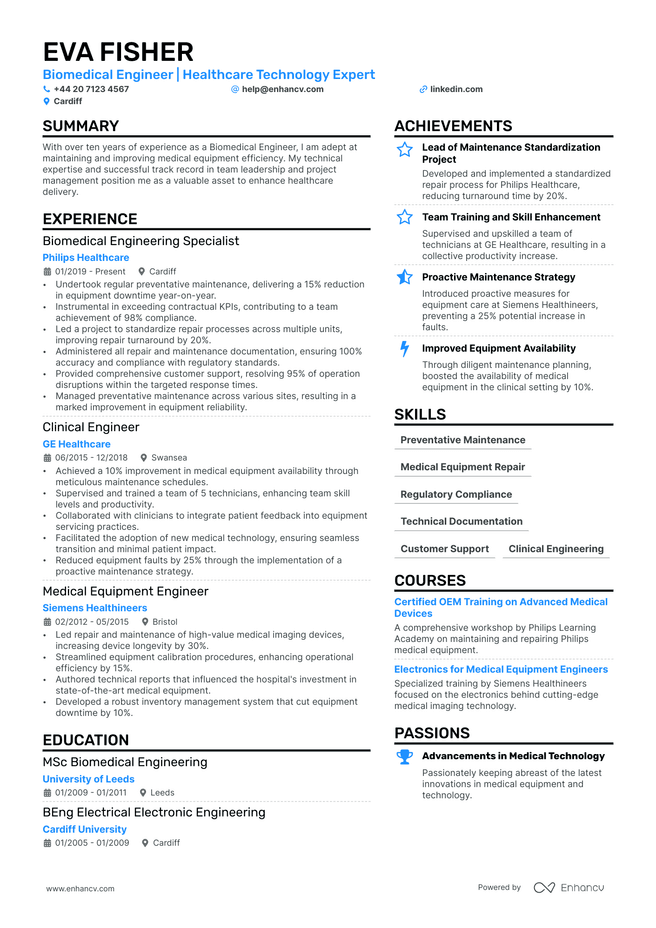Biomedical Engineer CV example