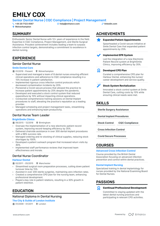 Dental Nurse CV example