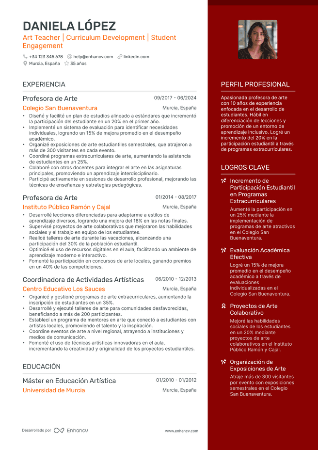 ejemplo de CV de Maestro de Arte