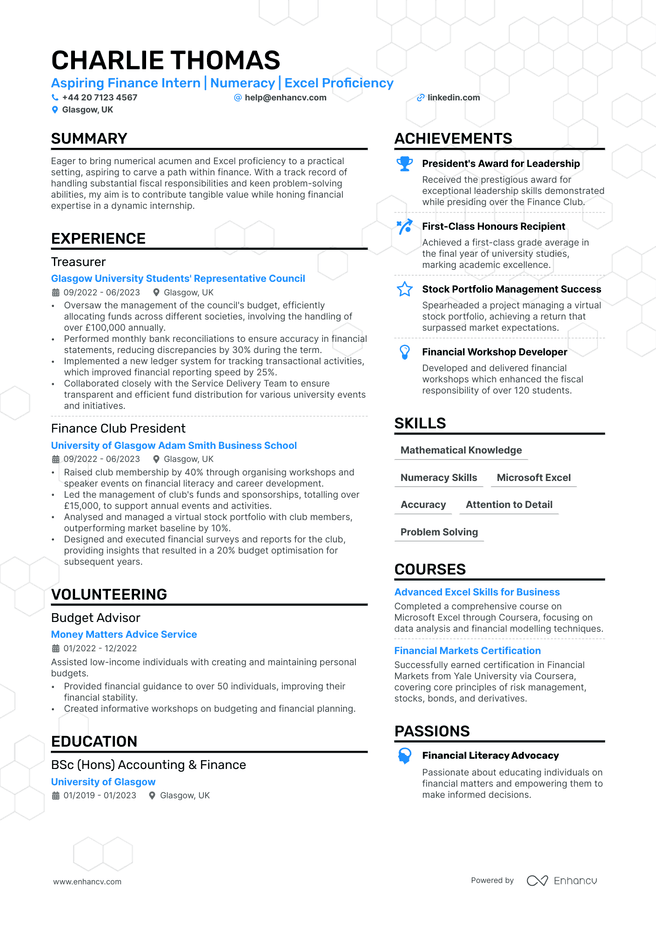 Finance Intern CV example