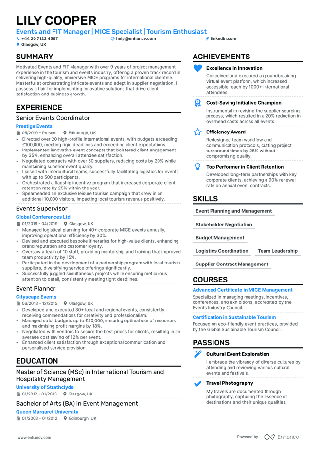 Events Manager CV example