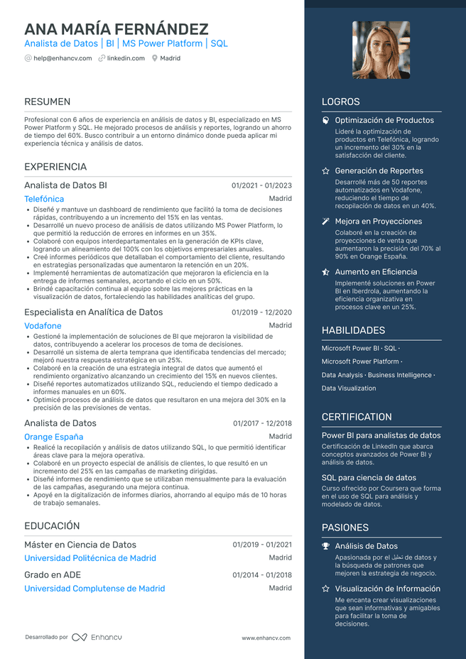 ejemplo de CV de Analista de Datos