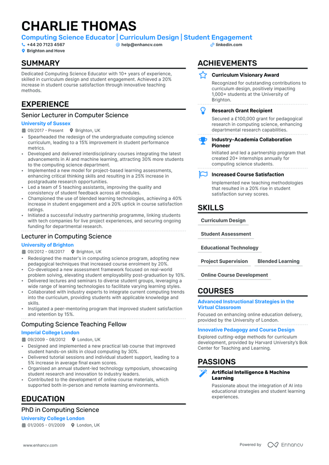 Lecturer CV example
