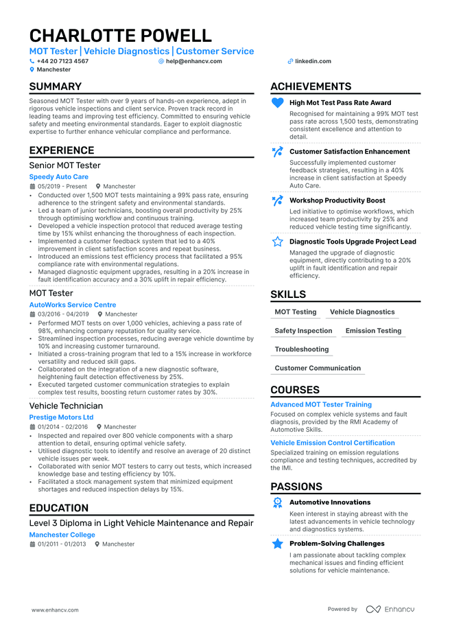 Mechanic CV example