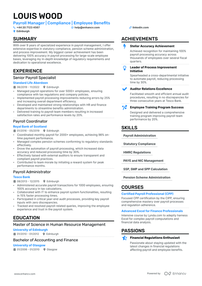 Payroll Manager CV example