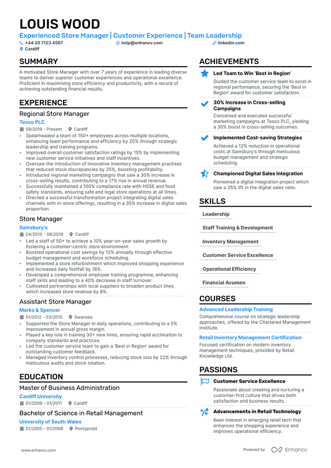 Store Manager CV example