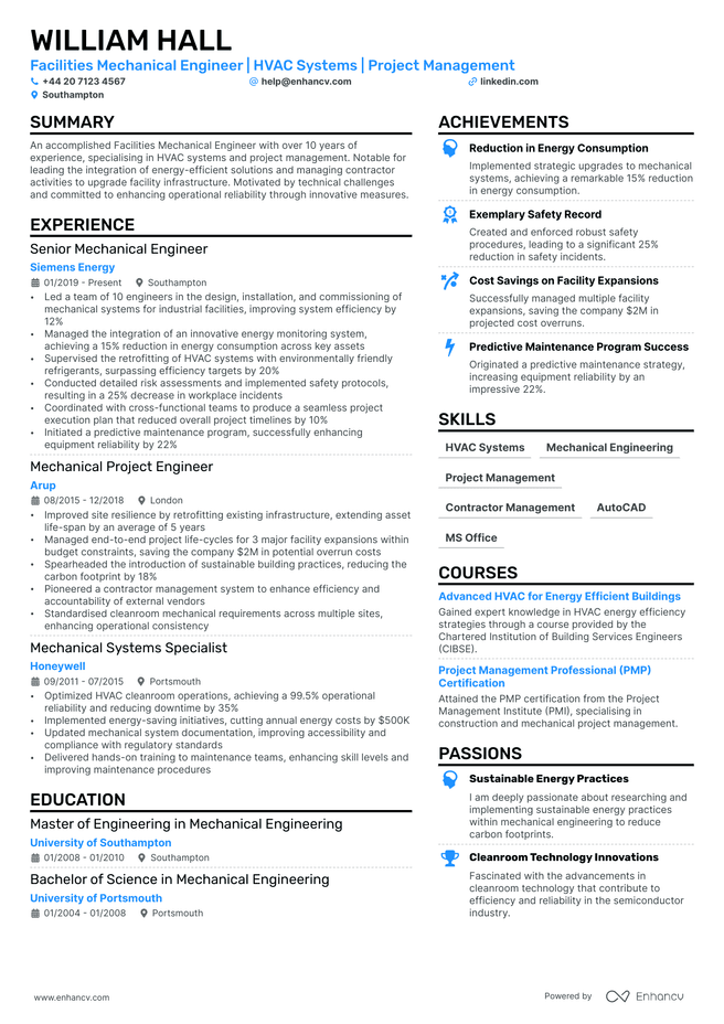 Mechanical Engineer CV example