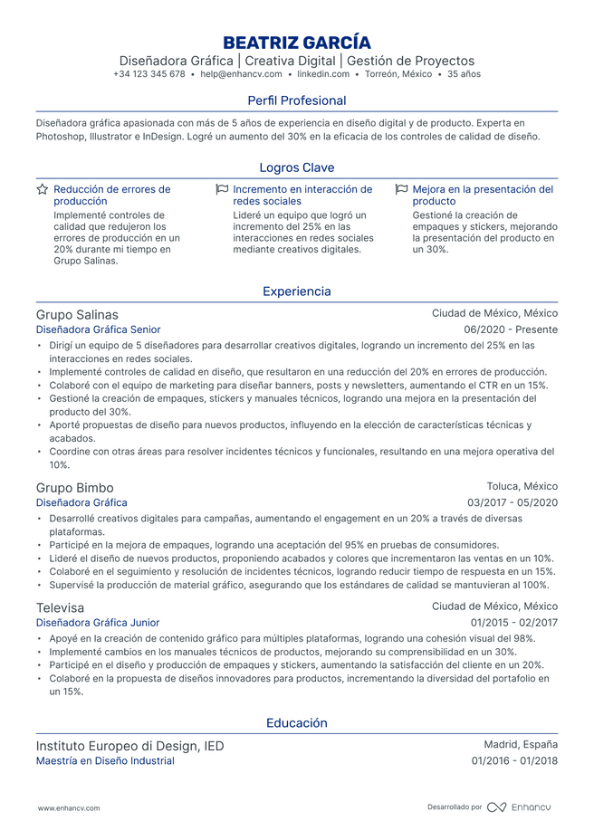 ejemplo de CV de Disenador Grafico de Animacion