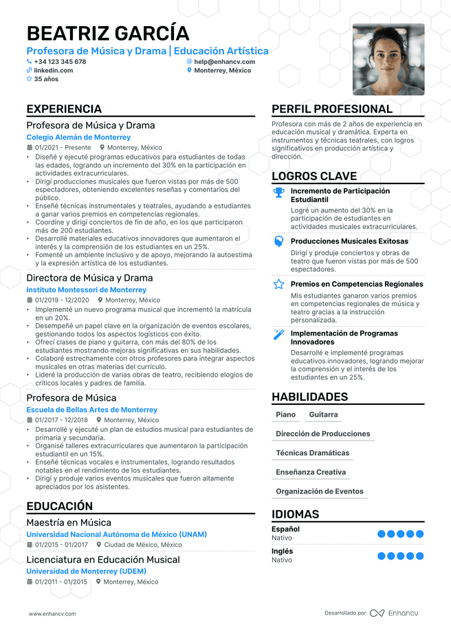 ejemplo de CV de Maestro de Musica
