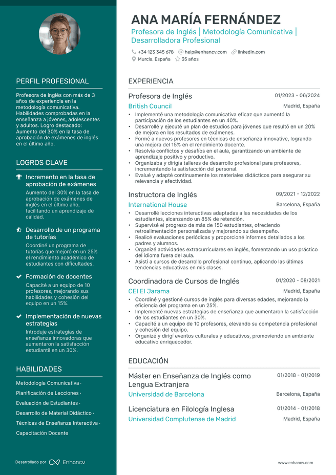 ejemplo de CV de Maestro de Espanol