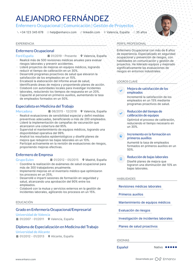 ejemplo de CV de Enfermera de Salud Ocupacional