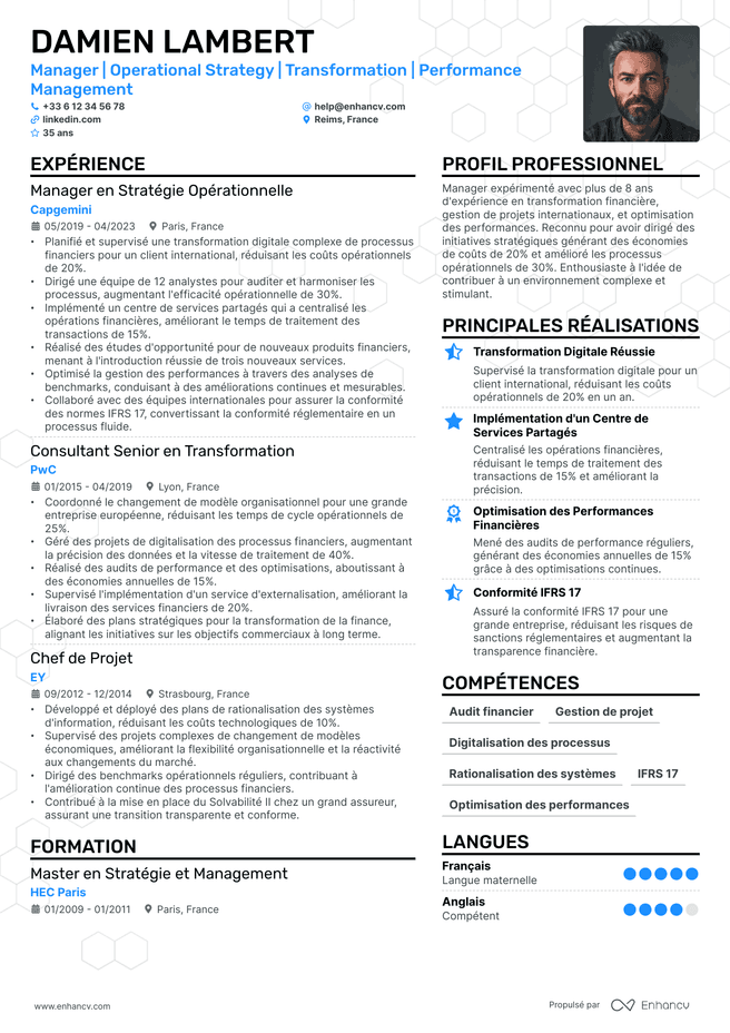 exemple de CV pour Manager des Finances