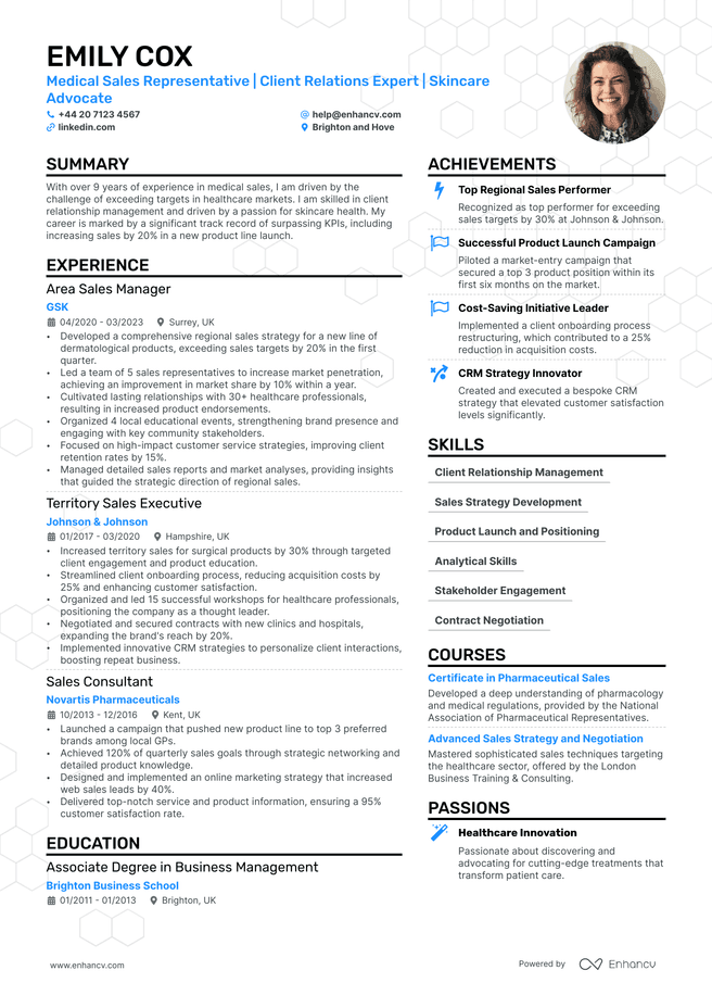 Medical Sales CV example