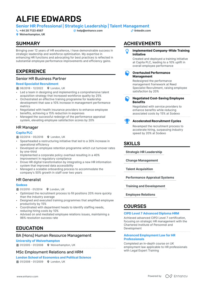 HR Manager CV example