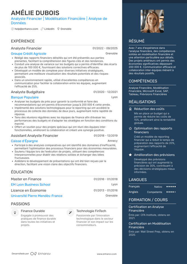 exemple de CV pour Analyste Financier