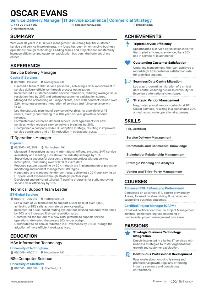 Service Delivery Manager CV example