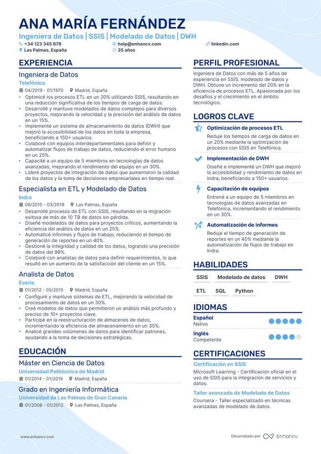 ejemplo de CV de Ingeniero de Datos
