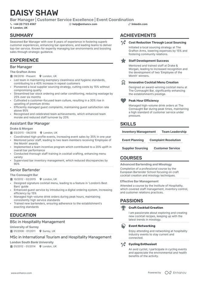 Bar Manager CV example