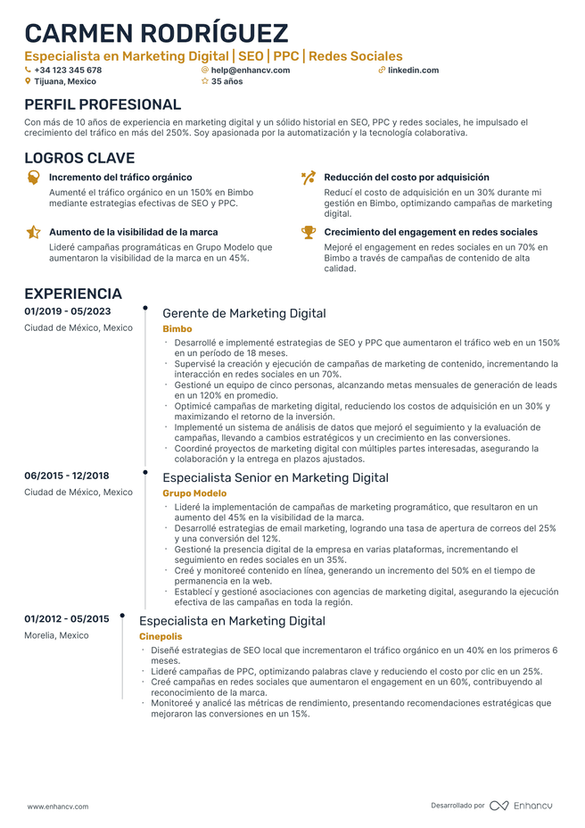 ejemplo de CV de Marketing Digital