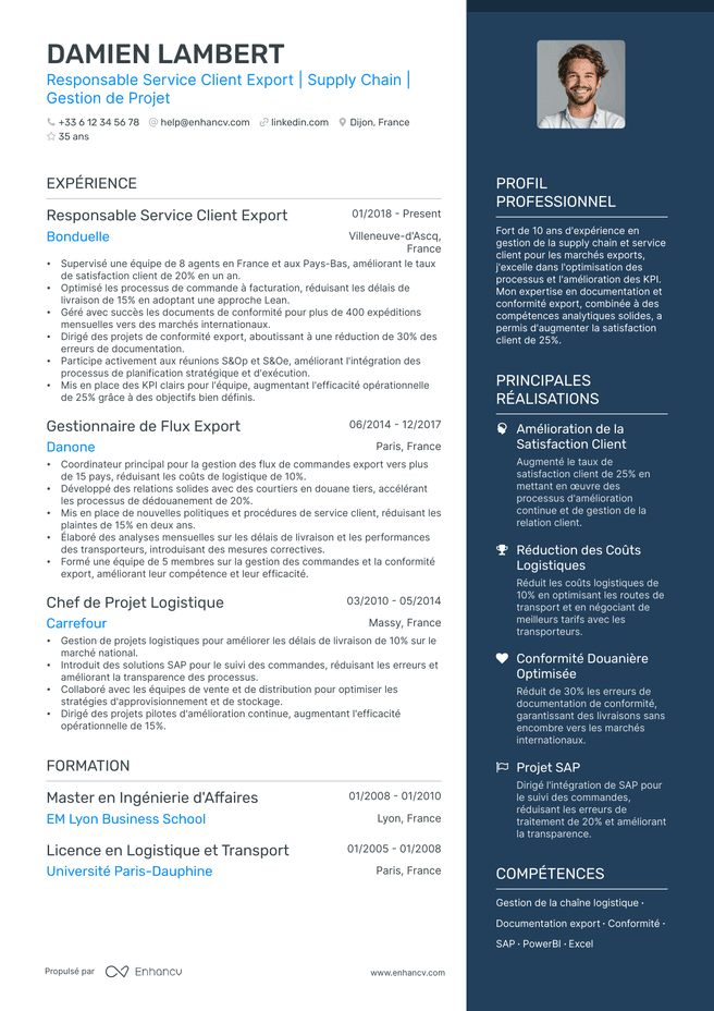 exemple de CV pour Manager Service Client