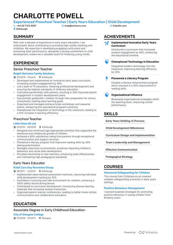 Preschool Teacher CV example