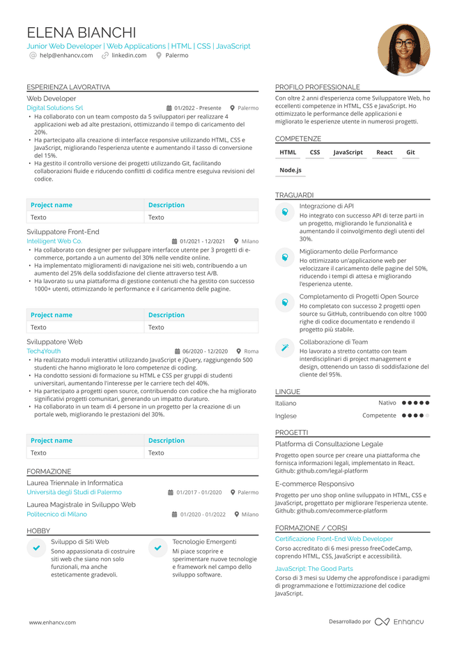 esempio di CV da Sviluppatore Web