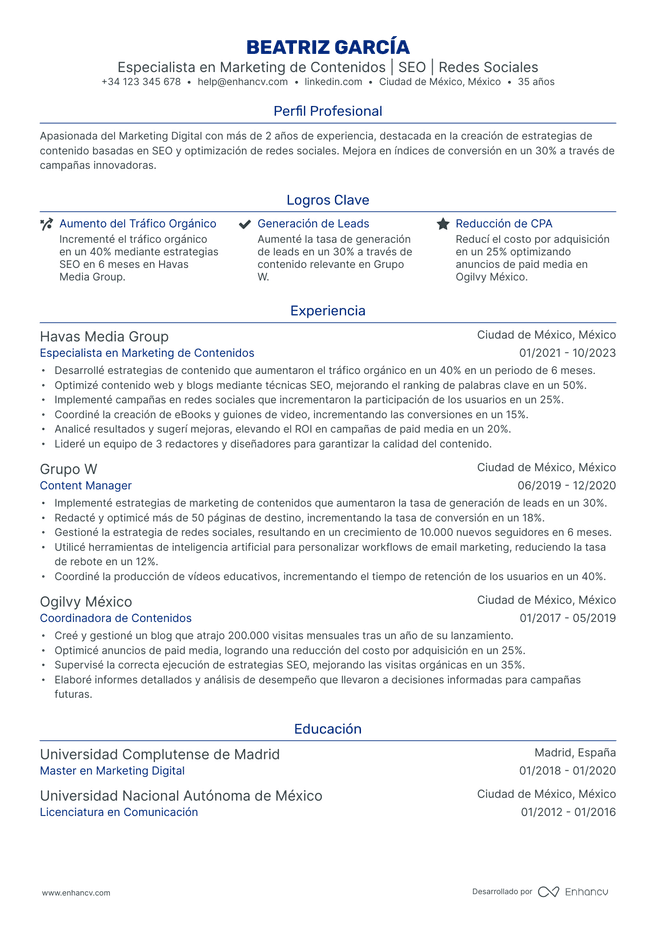 ejemplo de CV de Marketing de Contenidos