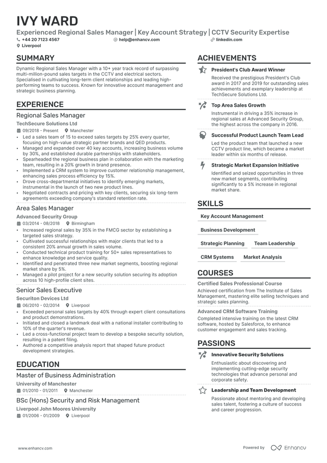 Sales Manager CV example