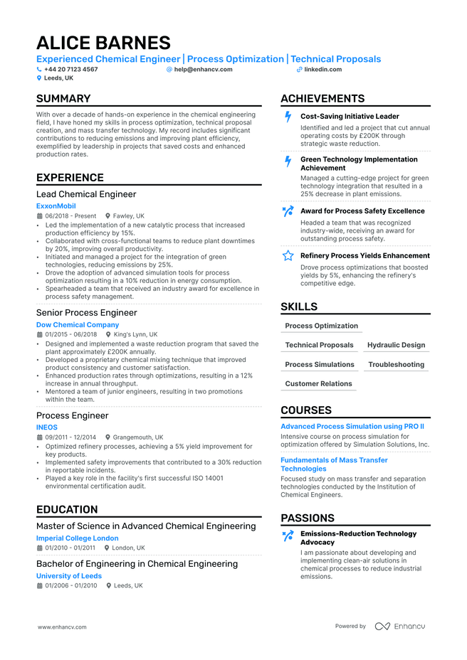 Chemical Engineer CV example