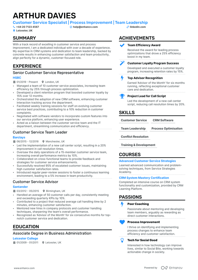 Customer Service CV example