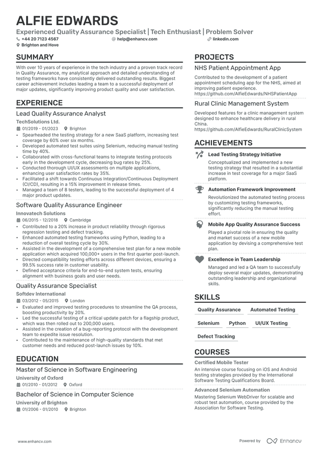 Software Tester CV example