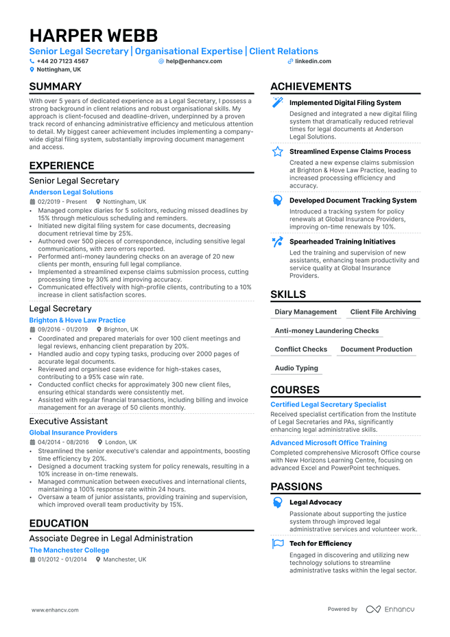 Legal Secretary CV example