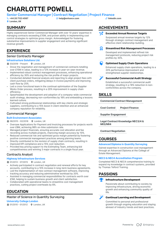 Commercial Manager CV example