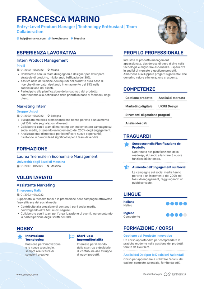 esempio di CV da Product Manager Cv