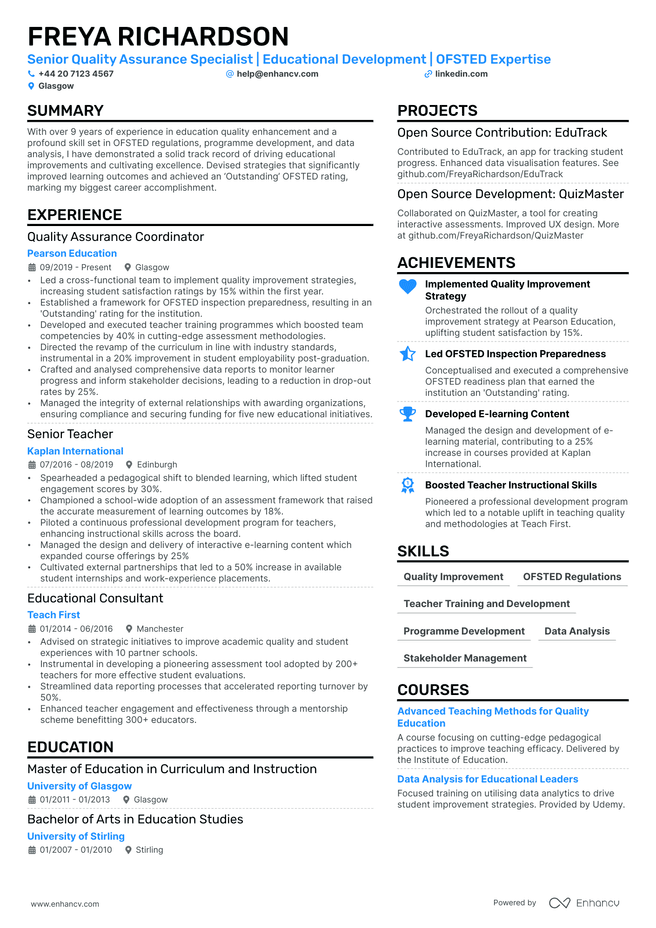Quality Manager CV example