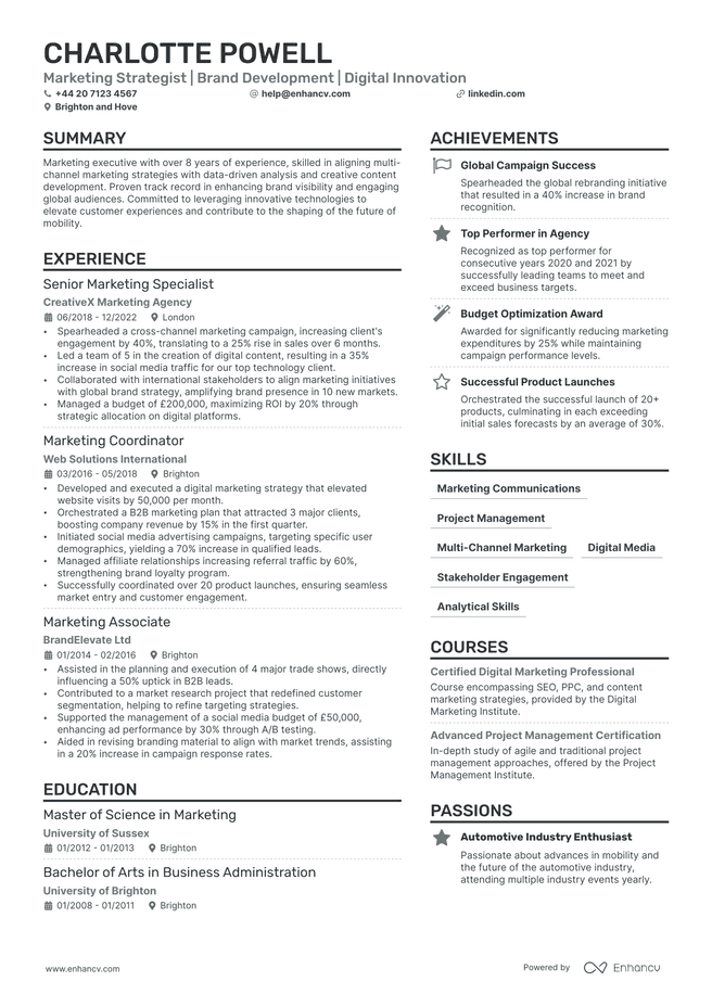 Marketing Executive CV example