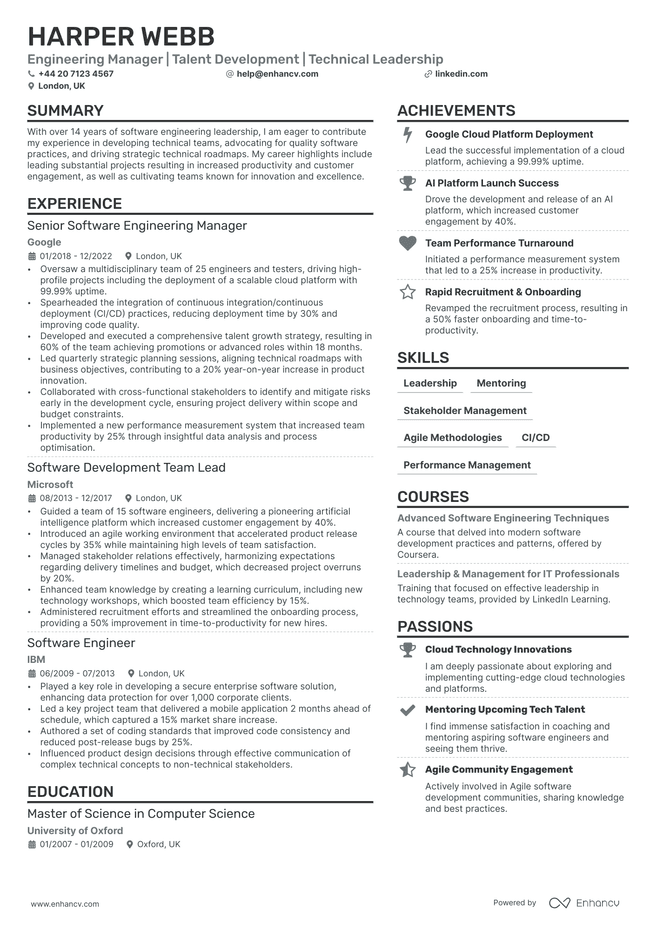 Engineering Manager CV example