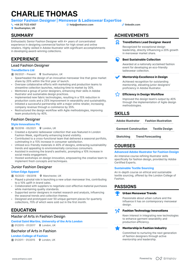 Fashion Designer CV example