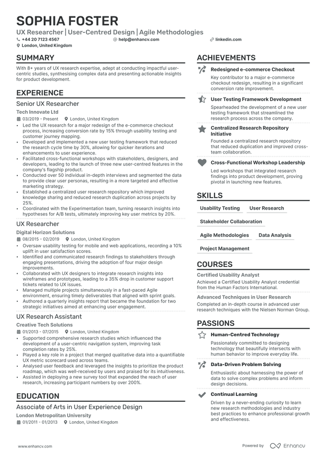 UX Researcher CV example