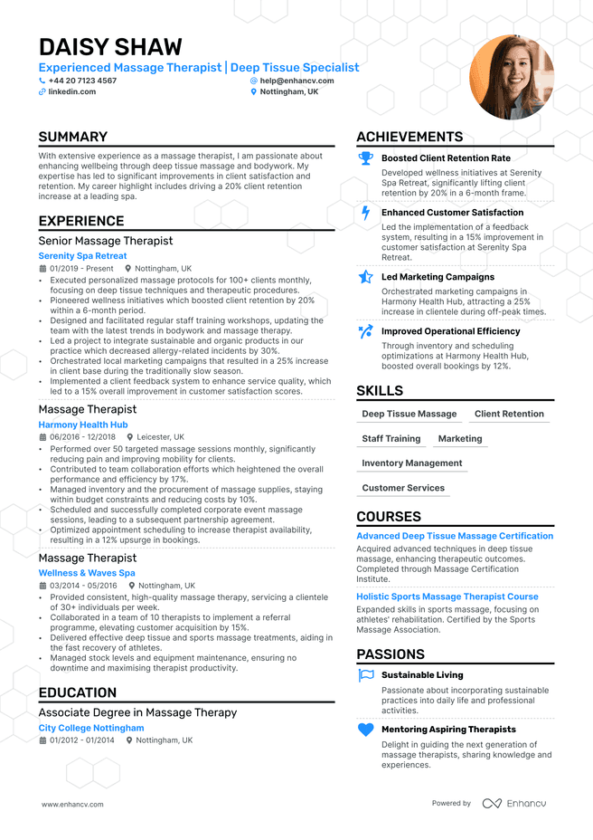Massage Therapist CV example