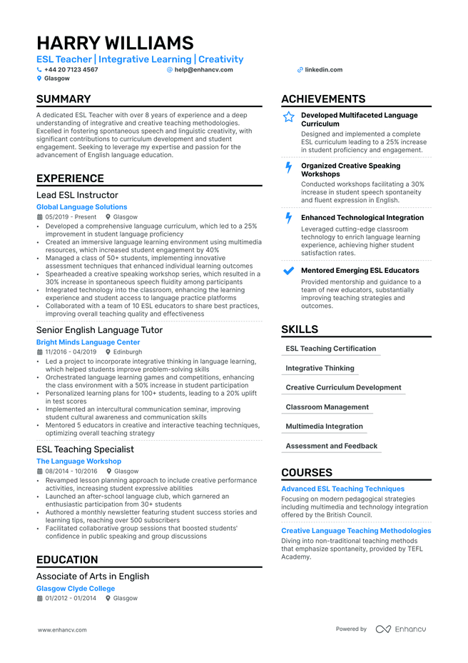 ESL Teacher CV example