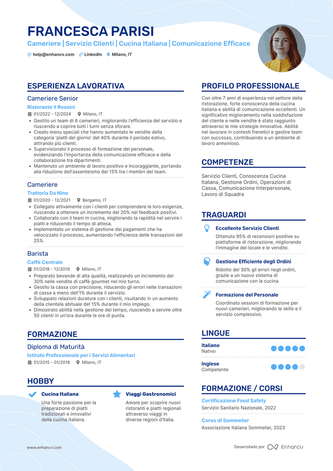 esempio di CV da Cameriere