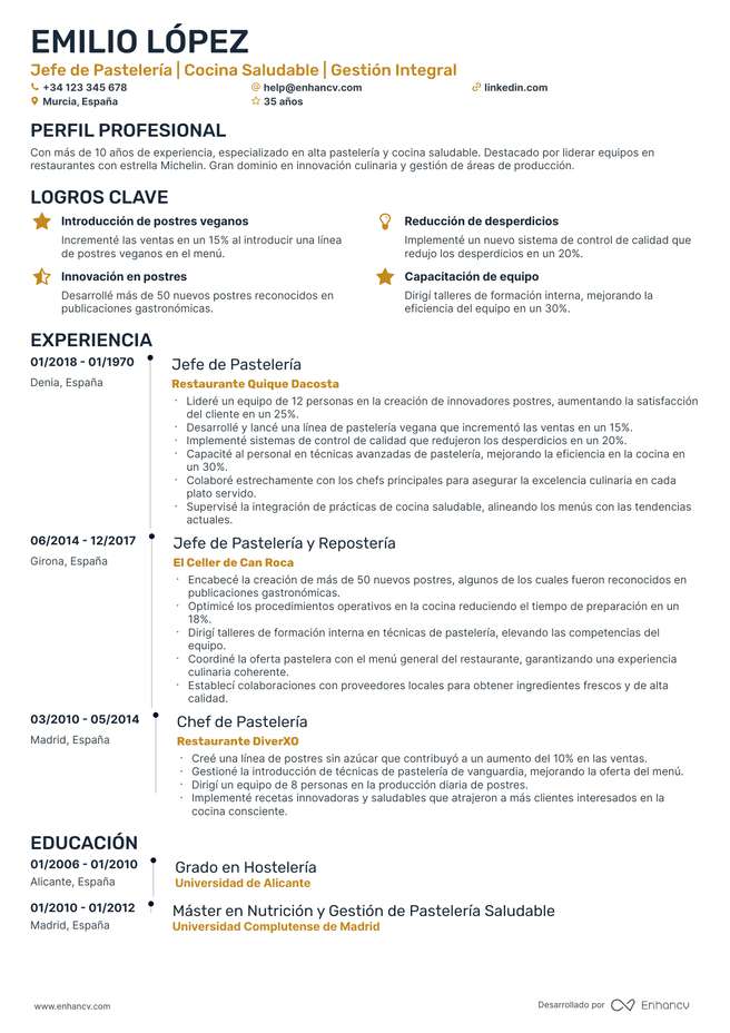 ejemplo de CV de Chef Pastelero