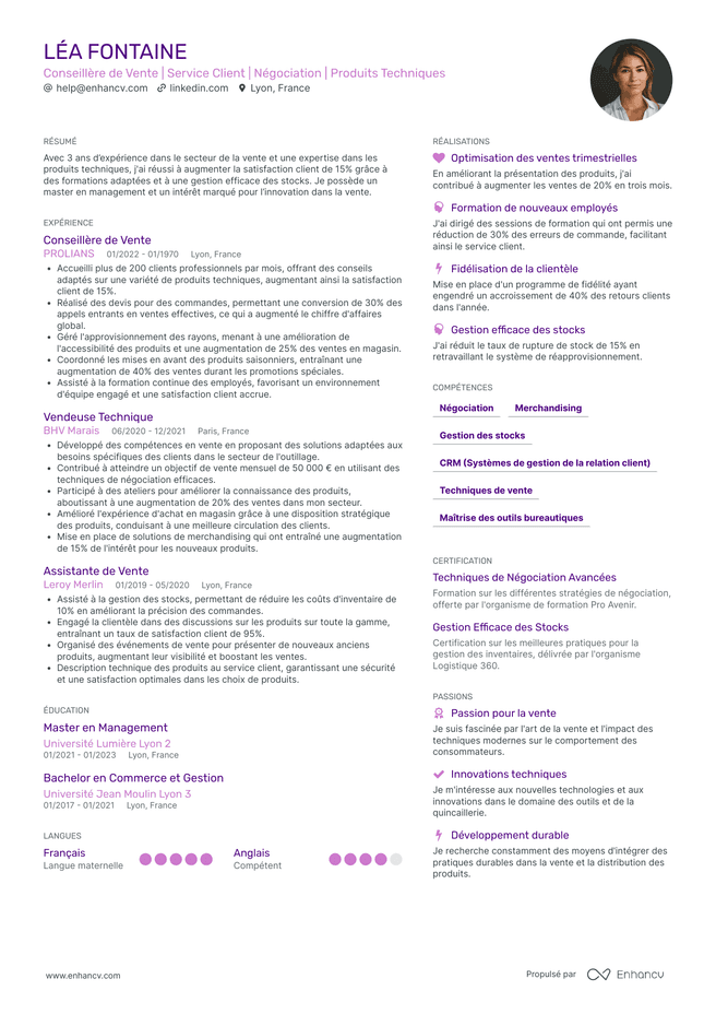 exemple de CV pour Conseiller de Vente