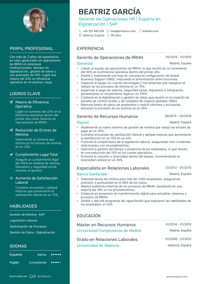 ejemplo de CV de Subgerente de Operaciones