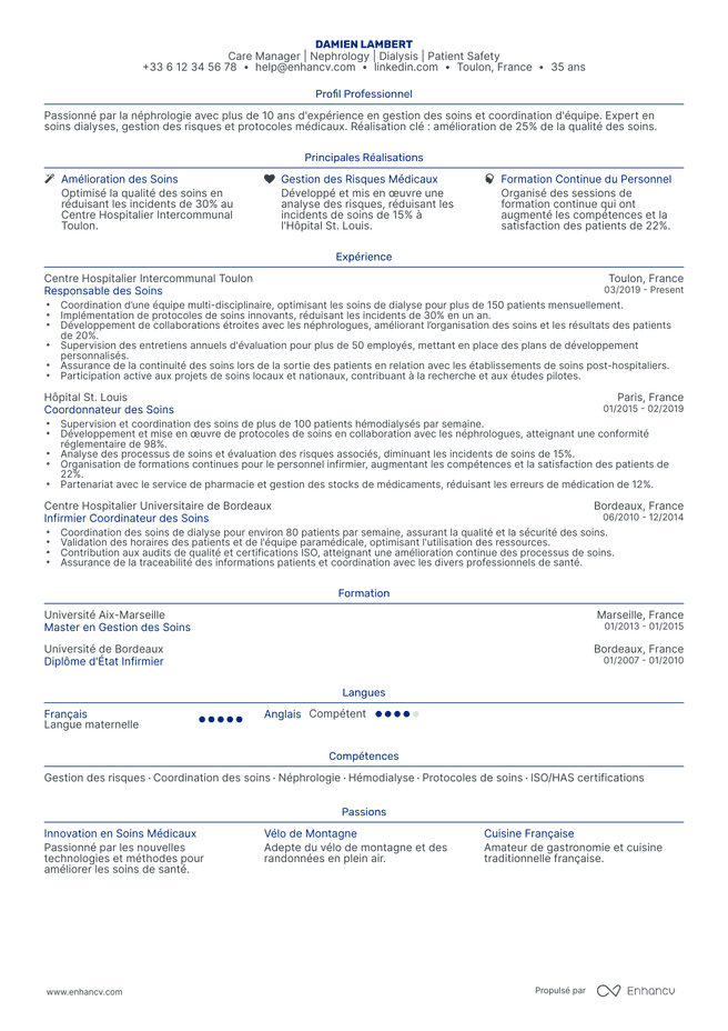 exemple de CV pour Infirmière en Chef